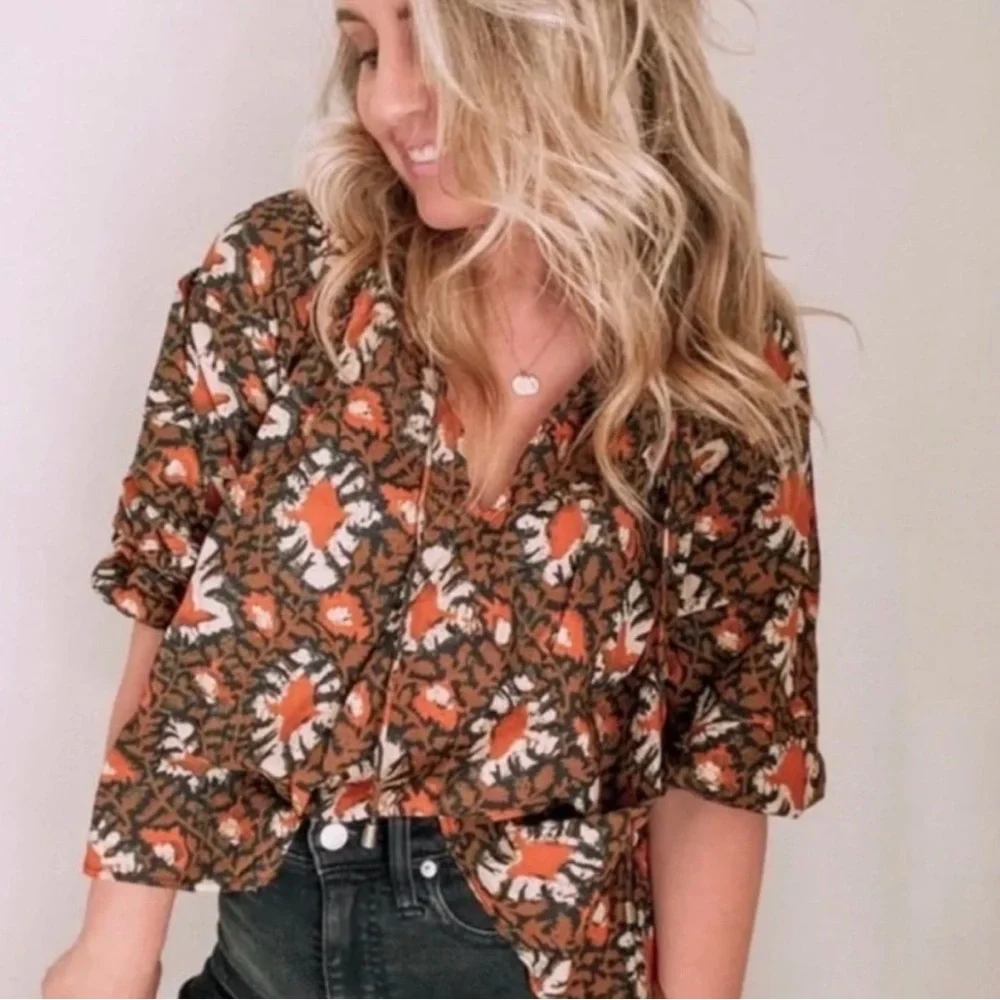 Free‎ People | Willow Print Puff Sleeve Blouse Size Large Boho Romantic Beachy
